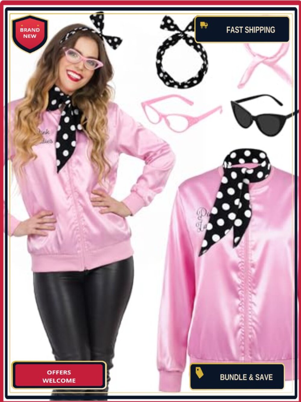 1950s Pink Ladies Satin Jacket Costume Set 8 Pcs S-3XL Cosplay Halloween